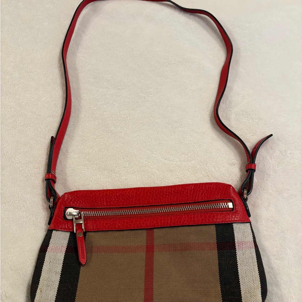 Burberry Red Leather House and Check Canvas Farley Bag